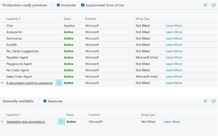 Example of billing type for various Copilot and agent capabilities