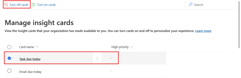Screenshot of turning off an insight card.