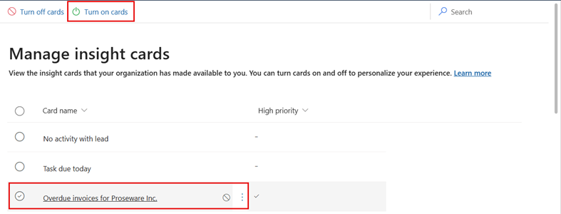 Screenshot of turning on an insight card.