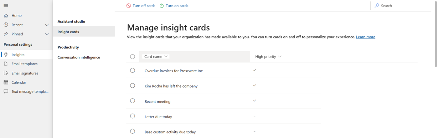 Screenshot of the Personal settings for assistant.