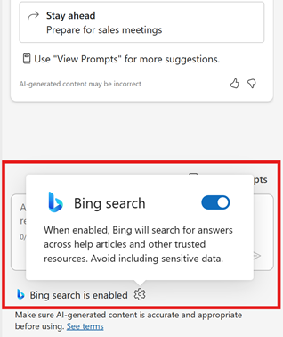 Screenshot of the Copilot side pane in Dynamics 365 Sales, with the Bing consent option highlighted.