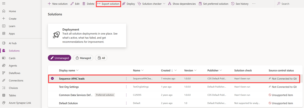Screenshot of selecting the export solution option.