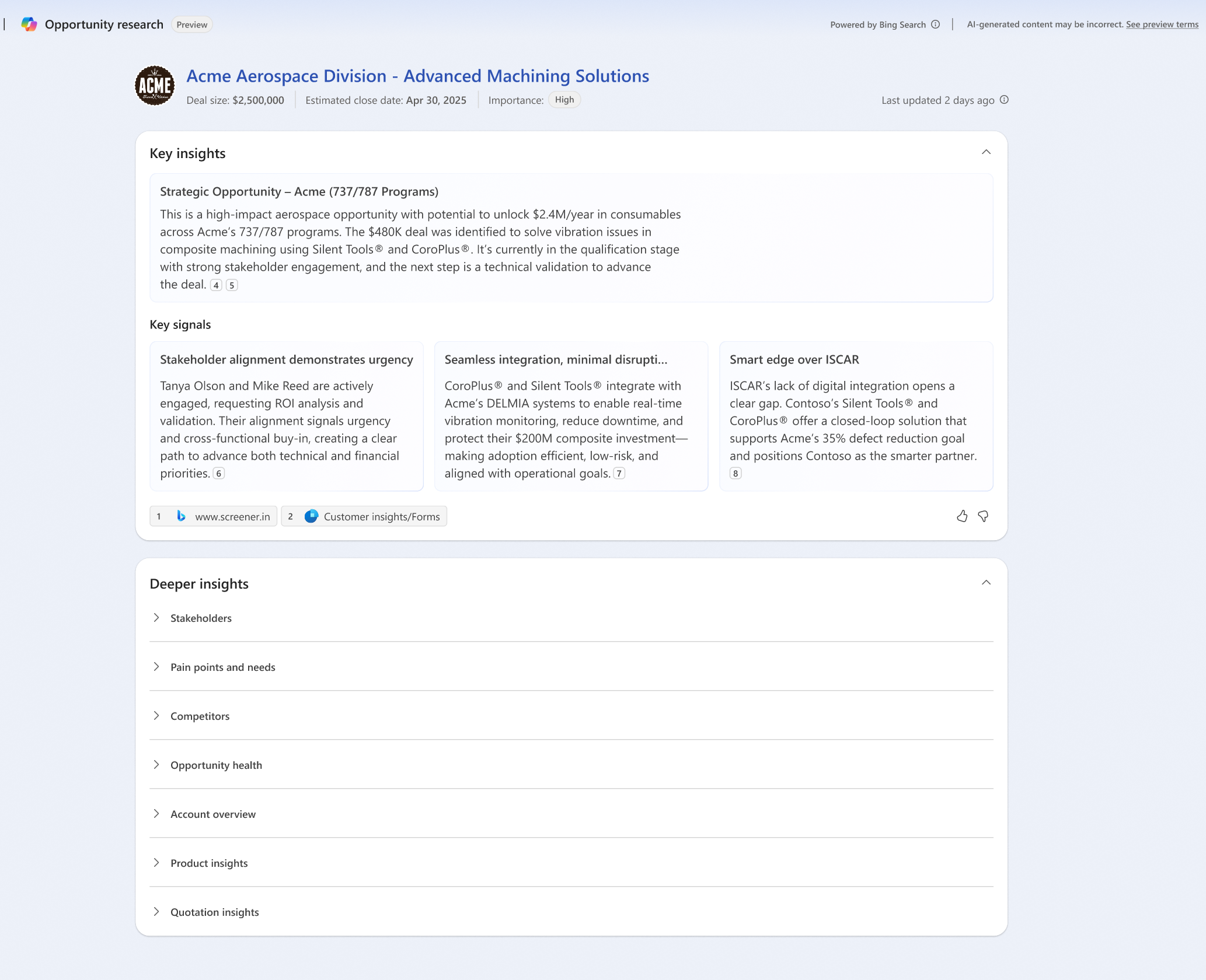 Screenshot of the Opportunity research page with research insights when there are no risks.