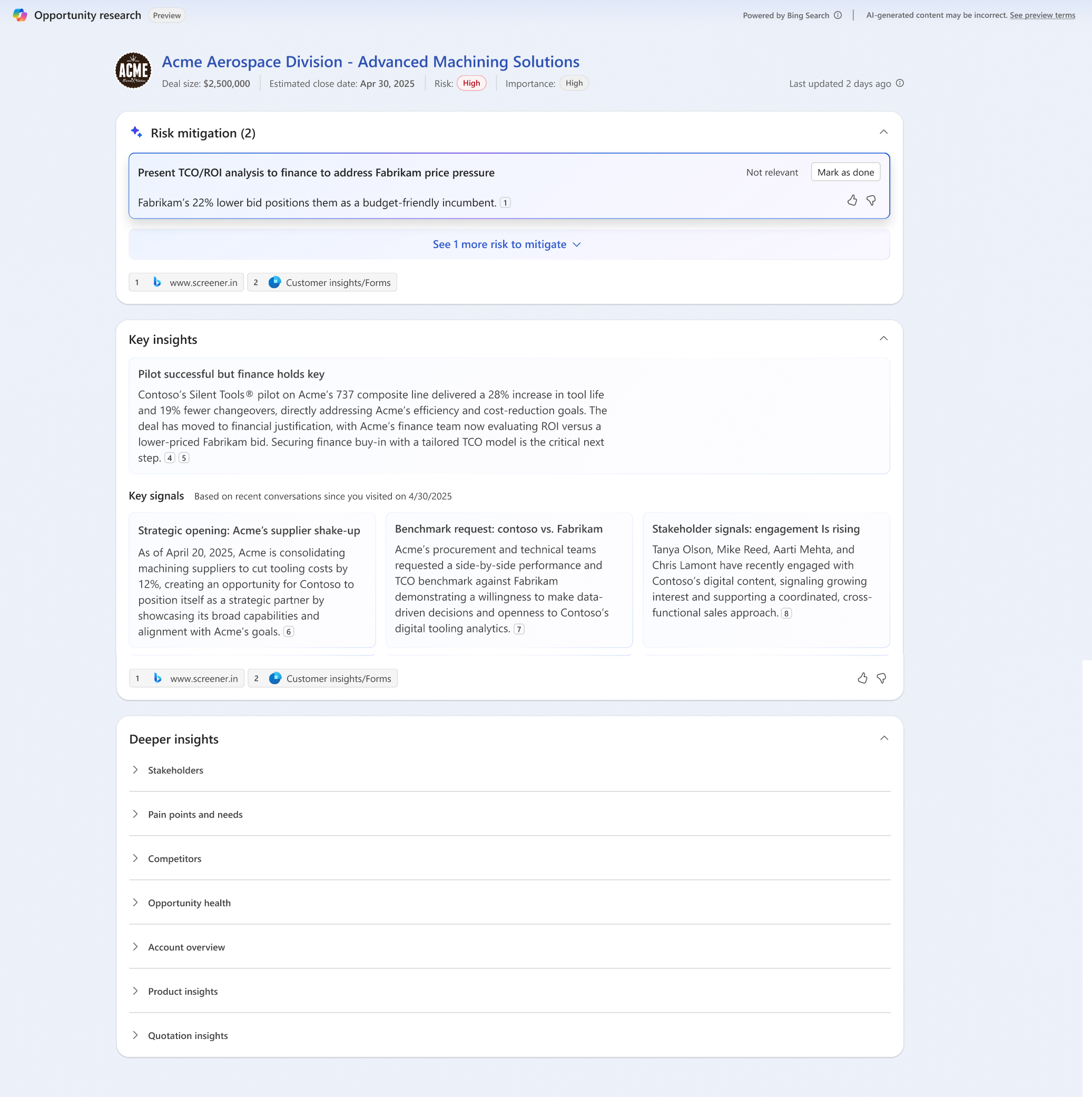 Screenshot of the Opportunity research page with research insights when there are risks.