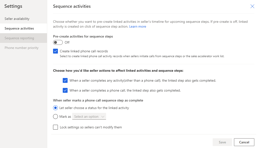 Screenshot of selecting Sequence activities on the Settings page.