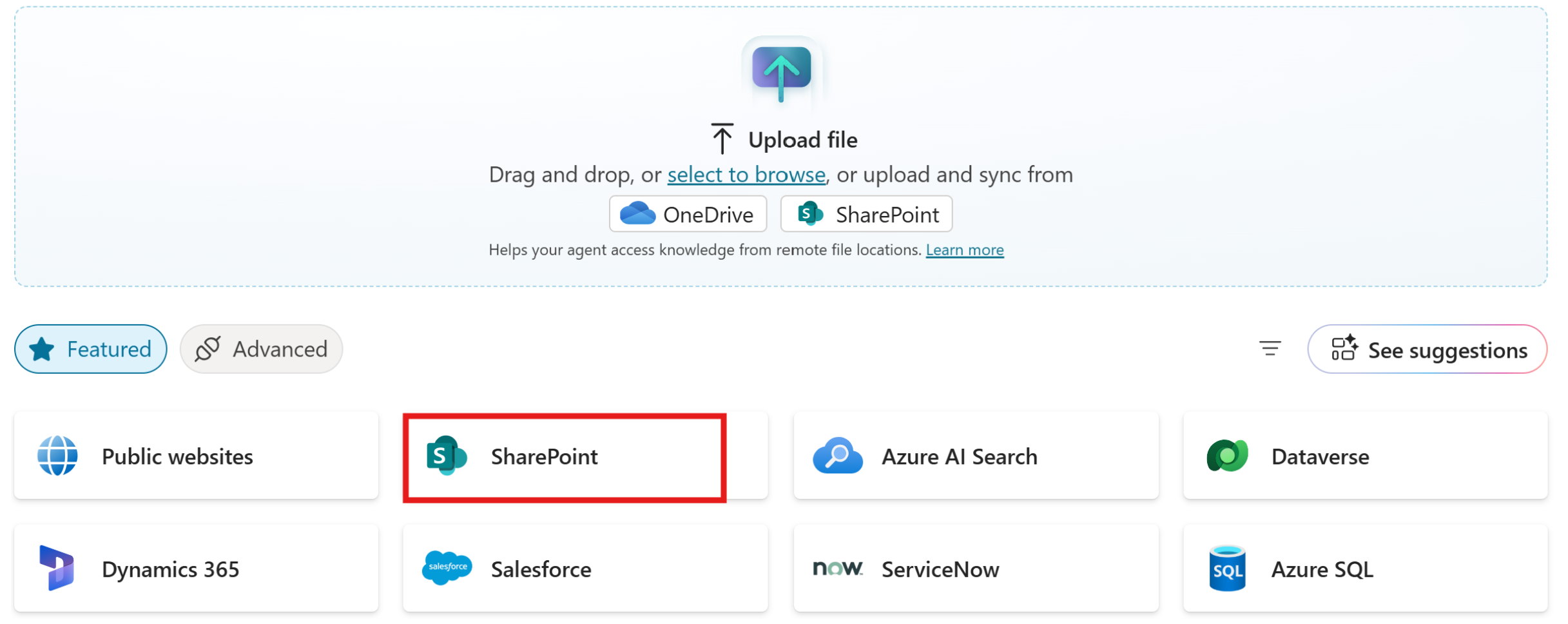 Screenshot showing the correct SharePoint option to select in Copilot Studio