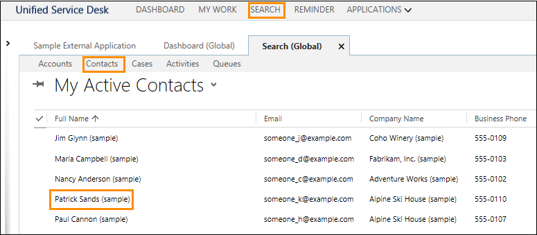 Contacts list in Unified Service Desk Contacts list in Unified Service Desk.