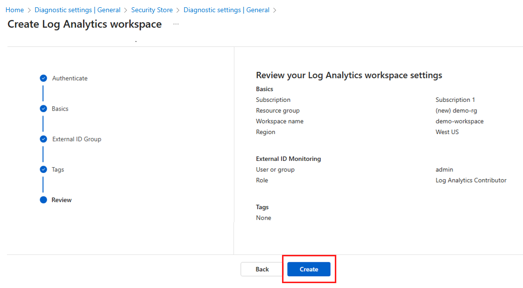 Screenshot that shows how to review and create your Log Analytics workspace.