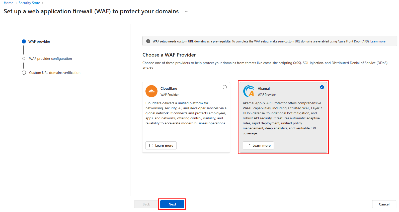 Screenshot of the choose WAF provider page.