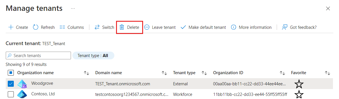 Screenshot that shows how to delete the tenant.