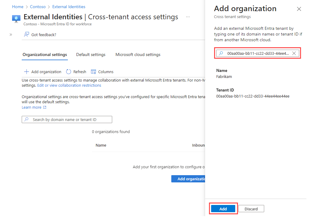 Screenshot showing adding an organization.