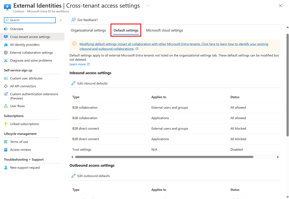 Screenshot showing the Cross-tenant access settings Default settings tab.