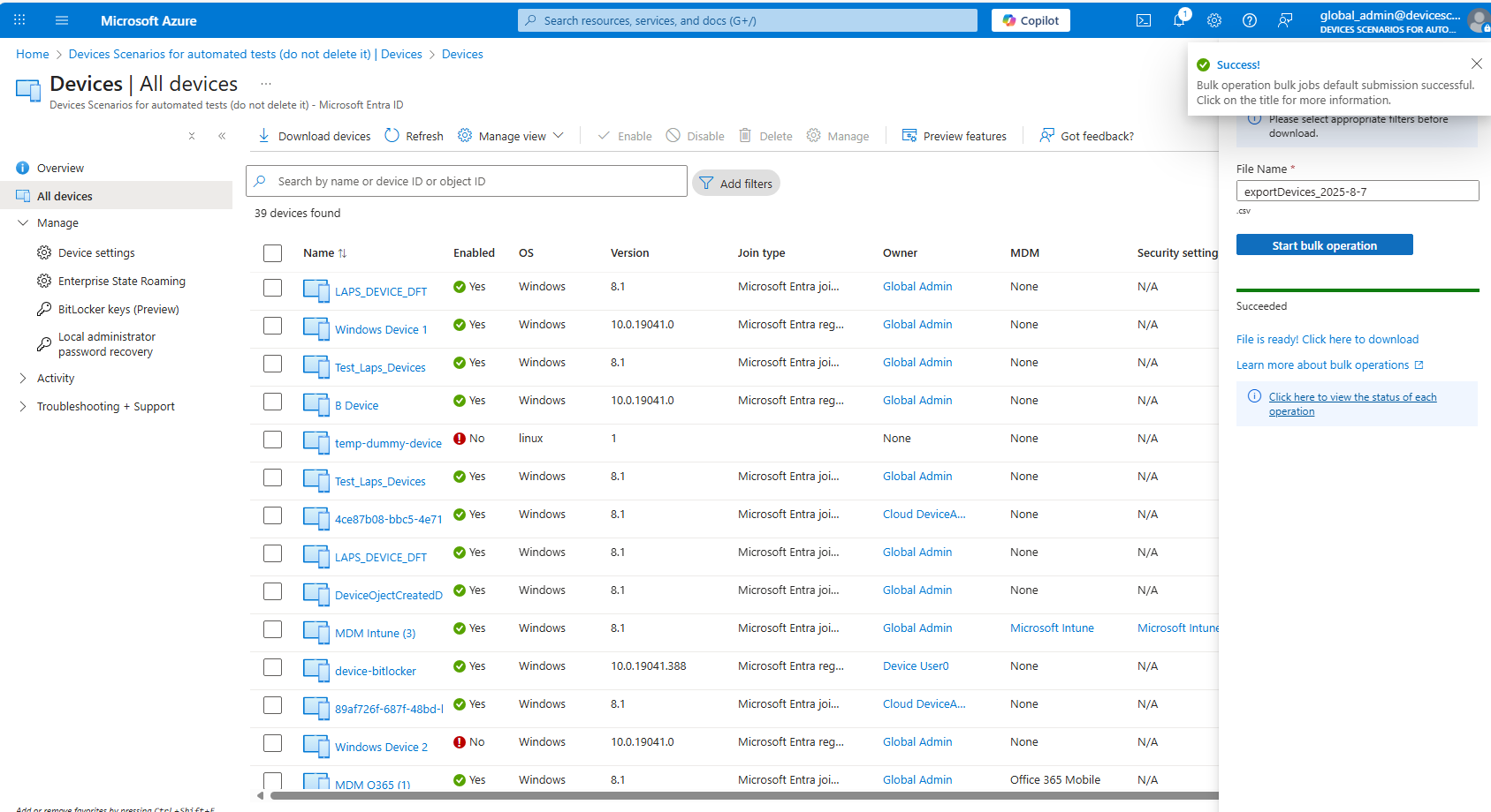 Screenshot of a success notification after starting the Download devices job.