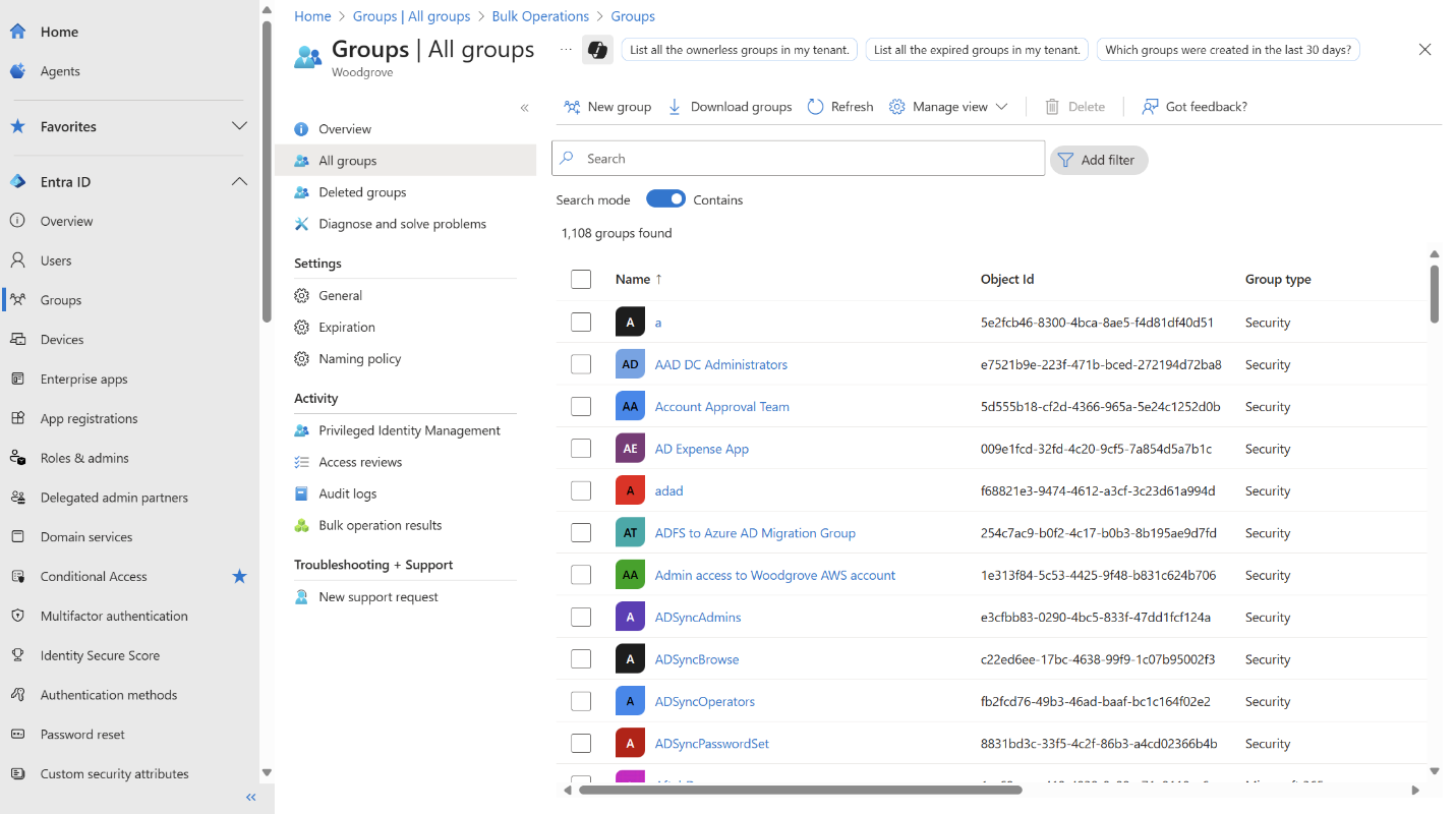 Screenshot of the Microsoft Entra admin center Groups blade showing the All groups list with column headers and actions.