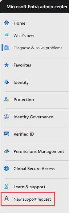 Screenshot of the new support request button in the left-hand navigation menu.