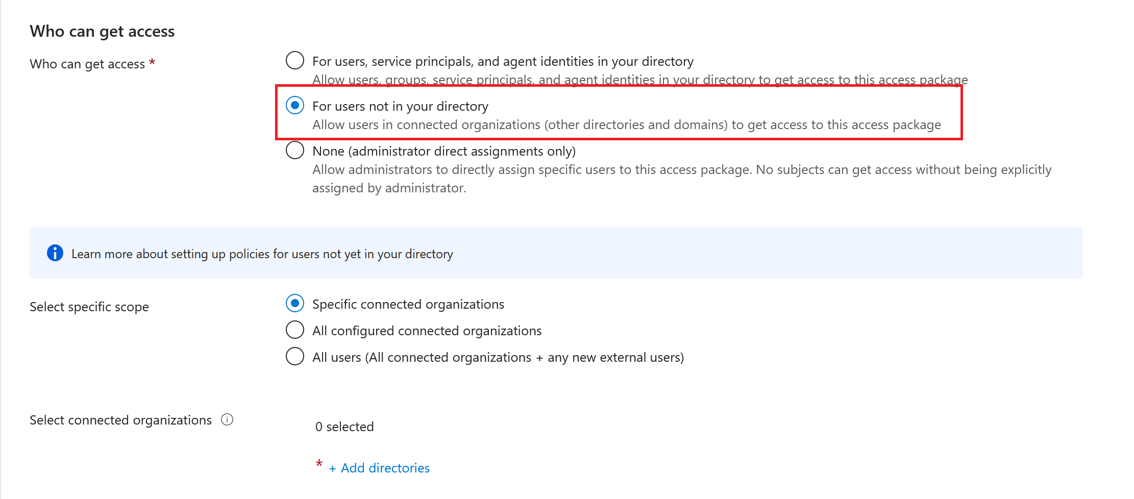 Screenshot of access package selection for users not in your directory.