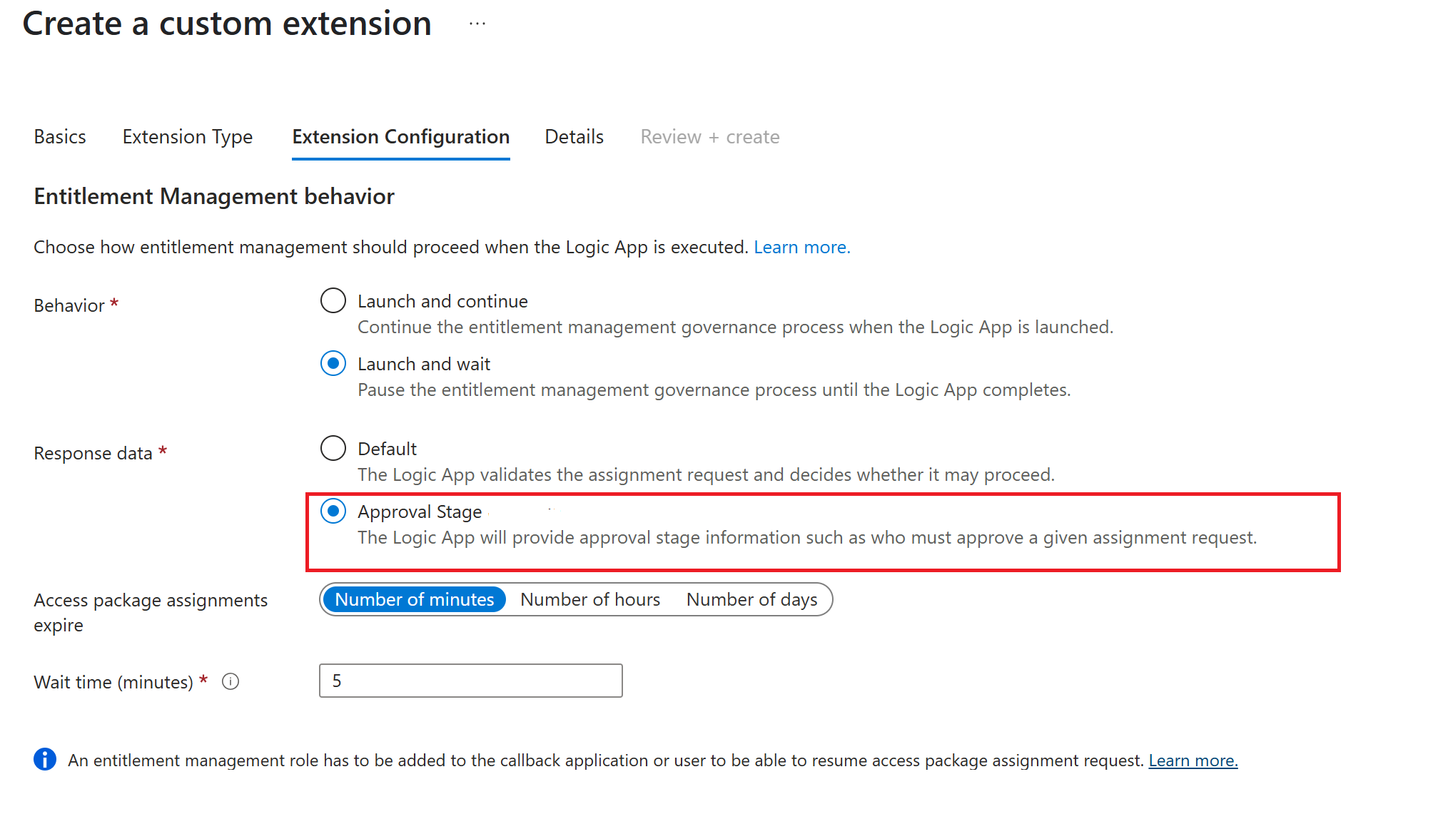 Screenshot of the custom extension approval stage option.