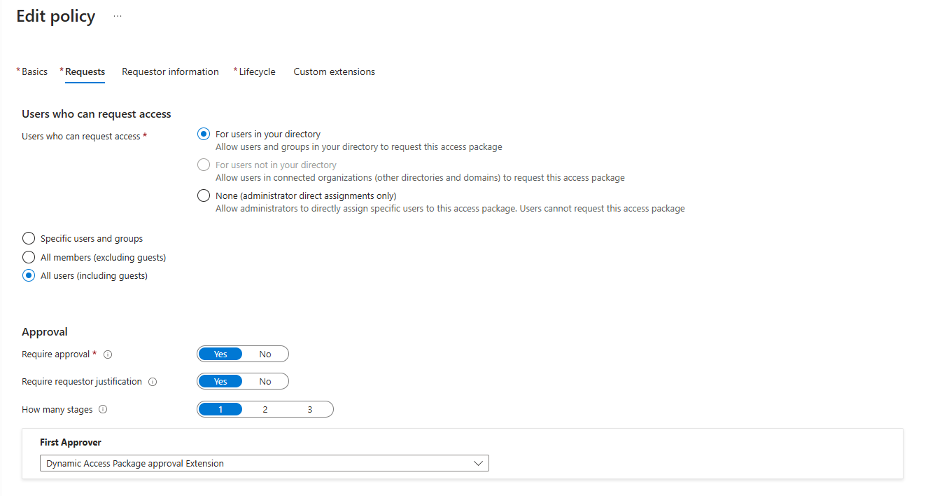 Screenshot of the custom extension as first approver in access package policy.