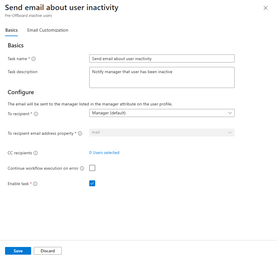 Screenshot of Workflows task: send inactivity email.