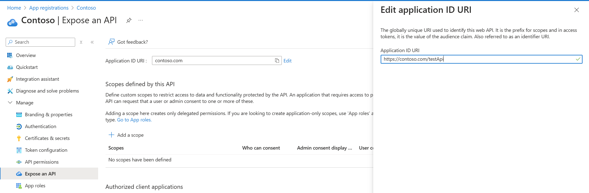 Screenshot of identifier URI configuration experience.