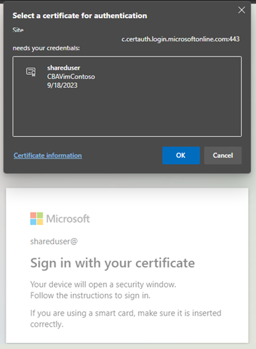 Screenshot that shows the certificate picker after you turn on issuer hints.