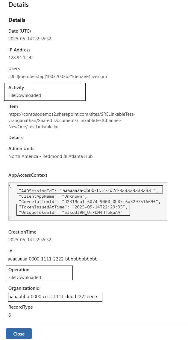 Screenshot of Microsoft Purview portal showing search for log item for Teams and SPO.