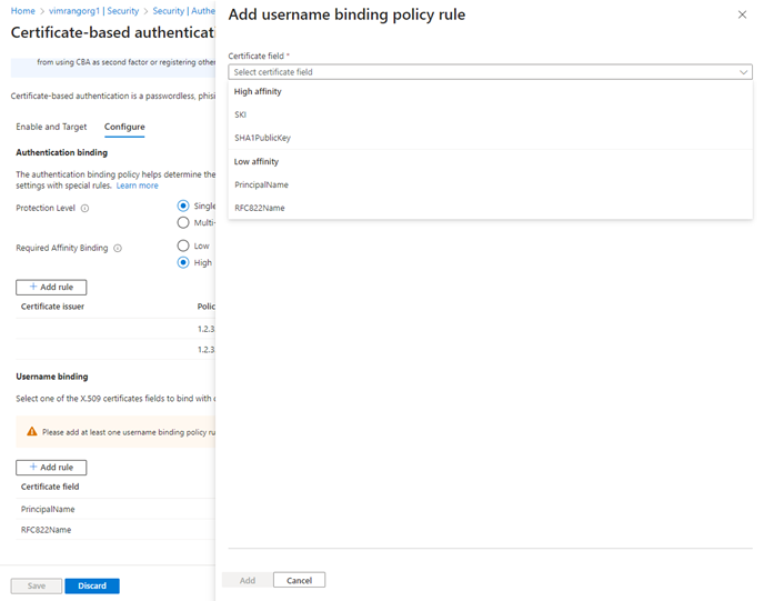 Screenshot that shows how to add an affinity binding.