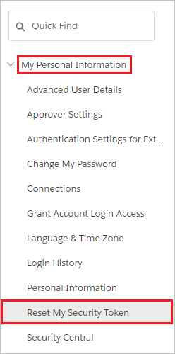 Enable automatic user provisioning Screenshot shows Reset My Security Token selected from My Personal Information.