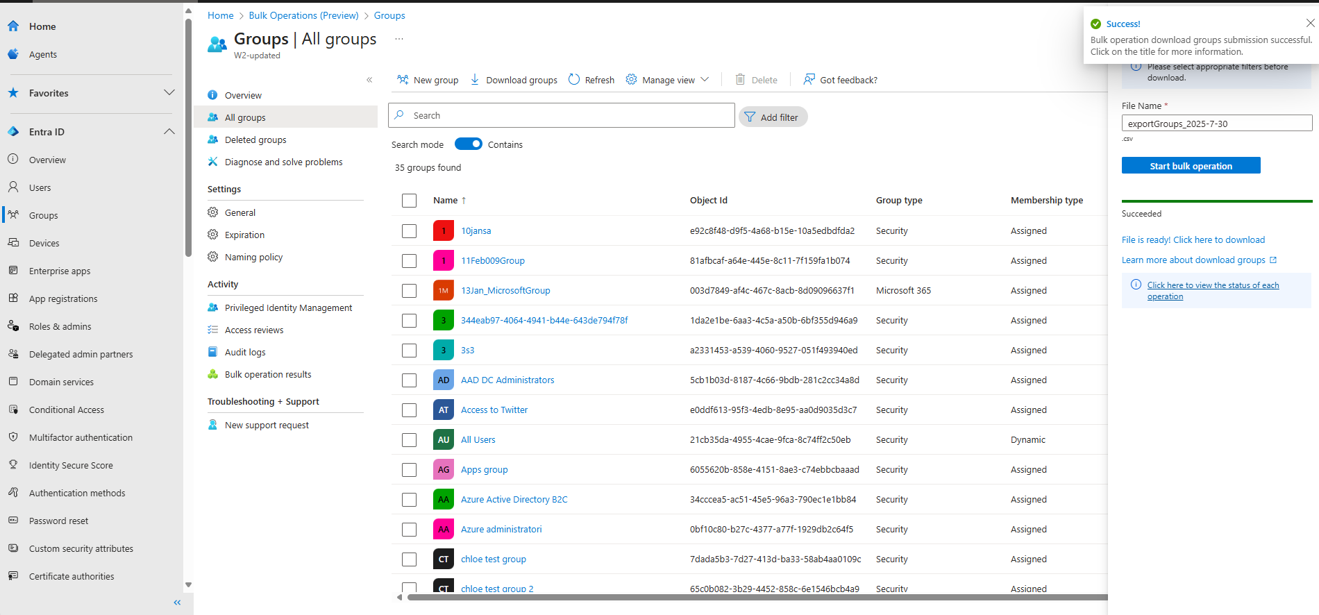 Screenshot of the Download groups dialog prompting for a filename before starting the bulk operation.