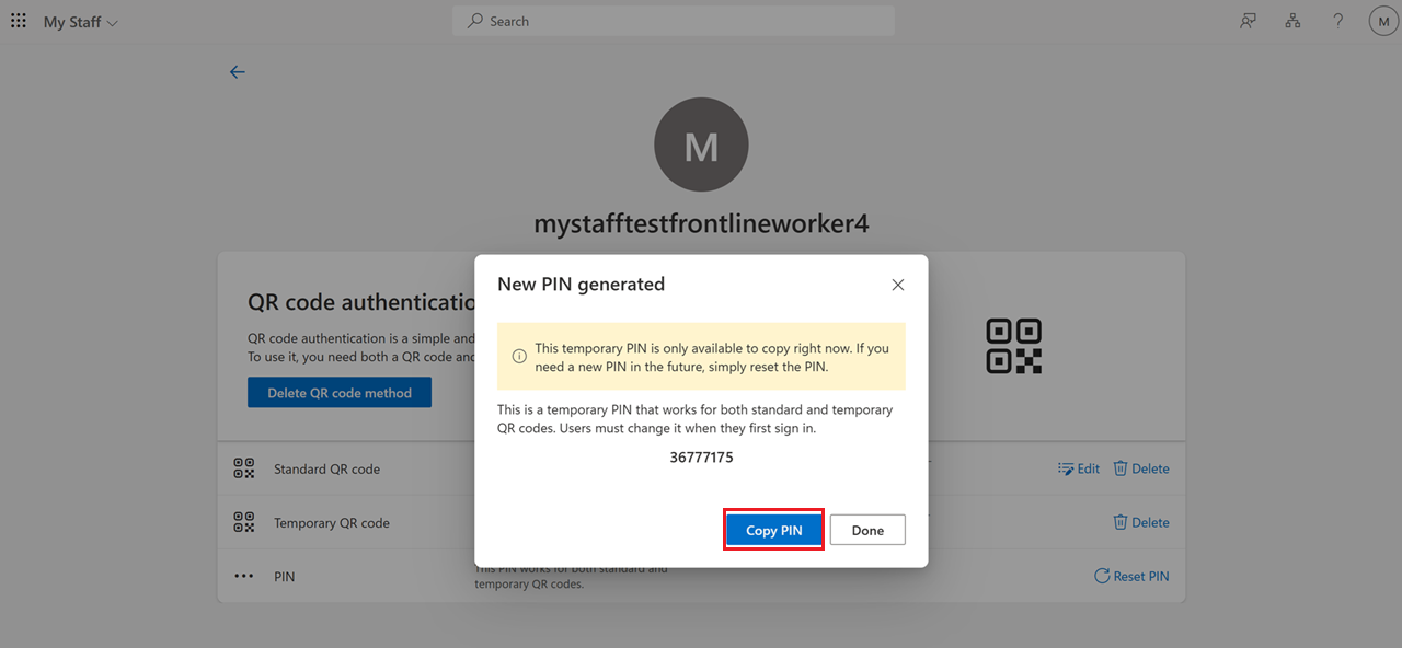 Screenshot that shows how to copy a PIN in My Staff.