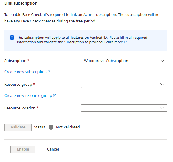 Screenshot of Face Check subscription linking dialog showing dropdown menus for Subscription, Resource group, and Resource location with Validate button.
