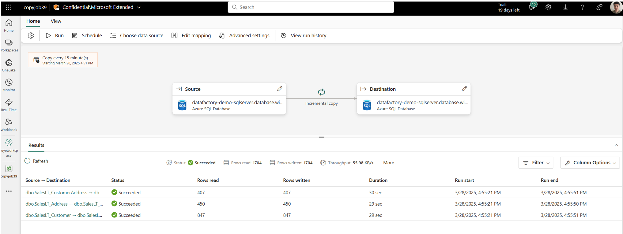Screenshot showing the Copy job panel where you can monitor initial full snapshot.