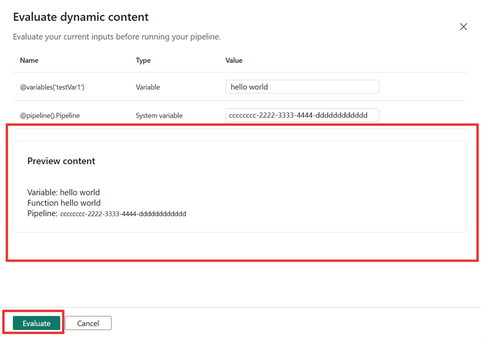 Screenshot of the evaluate dynamic content and previewing the expression.