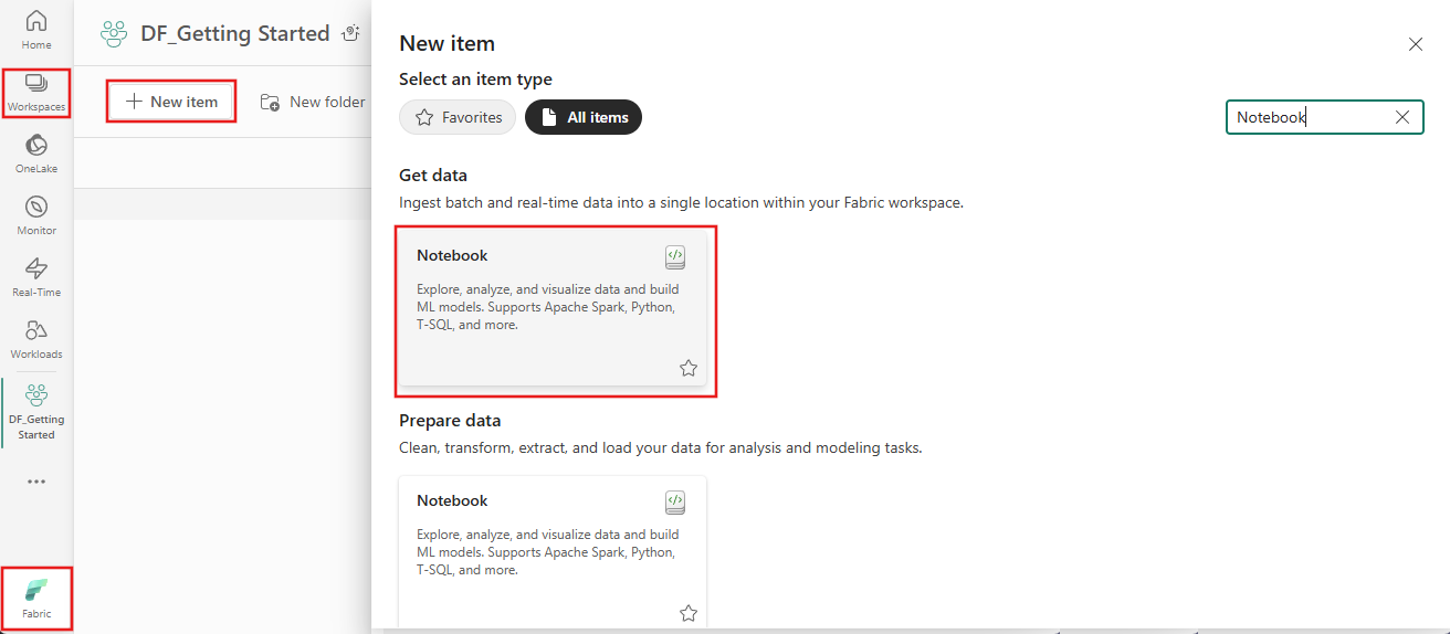 Screenshot showing how to create a new Notebook in a Data Factory for Fabric workspace.