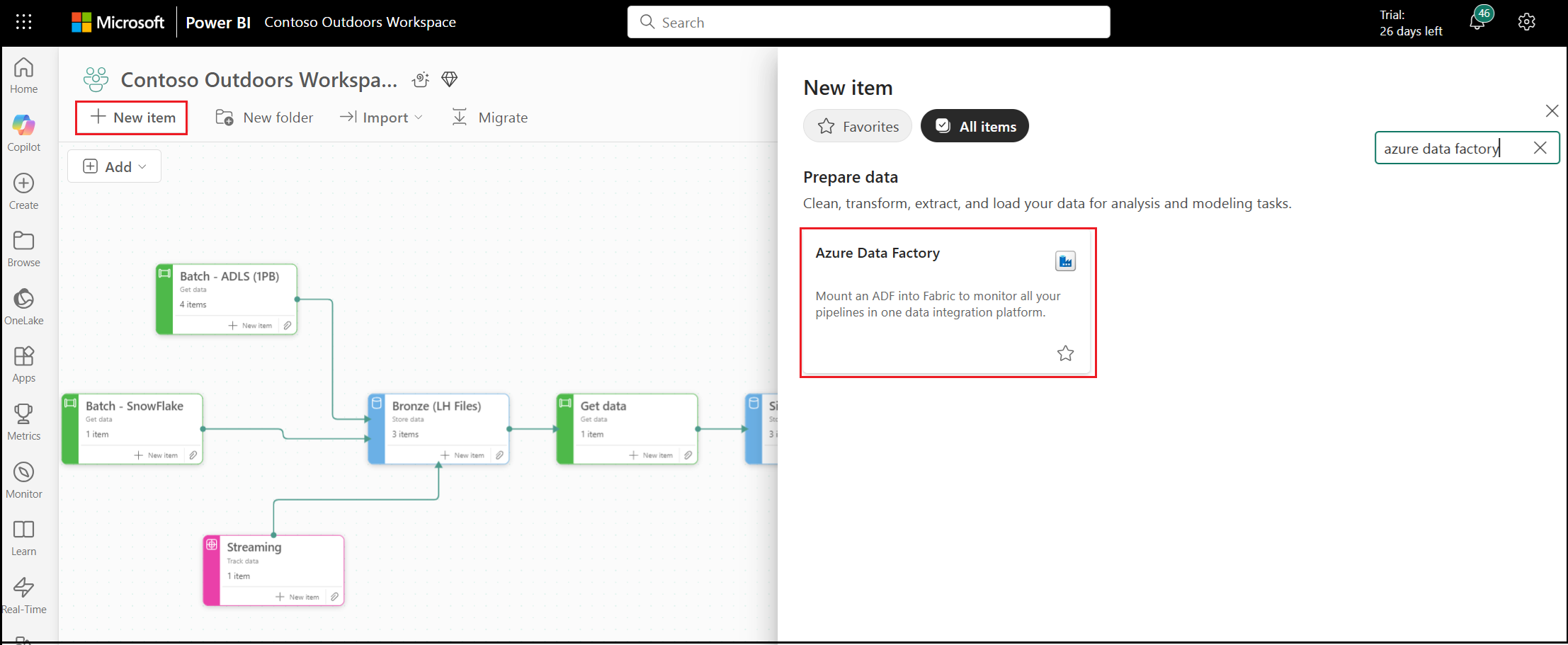Screenshot showing the Azure Data Factory Item in Fabric.