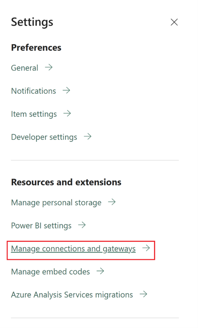 Screenshot of the Manage connections and gateways option on the Fabric Admin page.