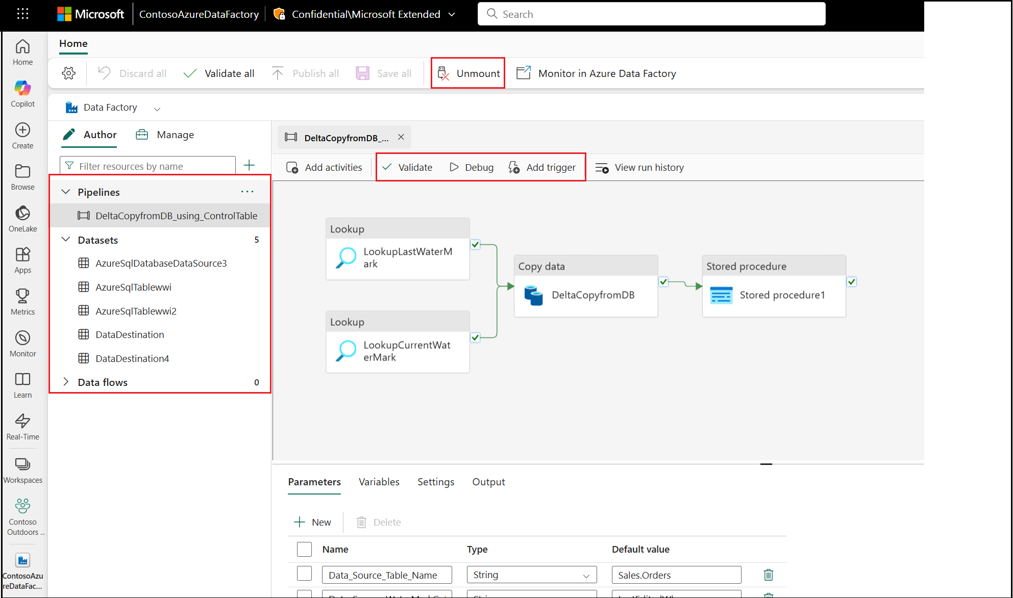 Screenshot showing unmount Azure Data Factory Item in Fabric.