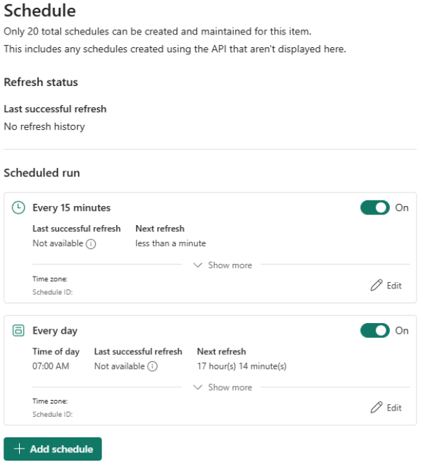 Screenshot of multiple scheduler configurations for a single item in Microsoft Fabric.