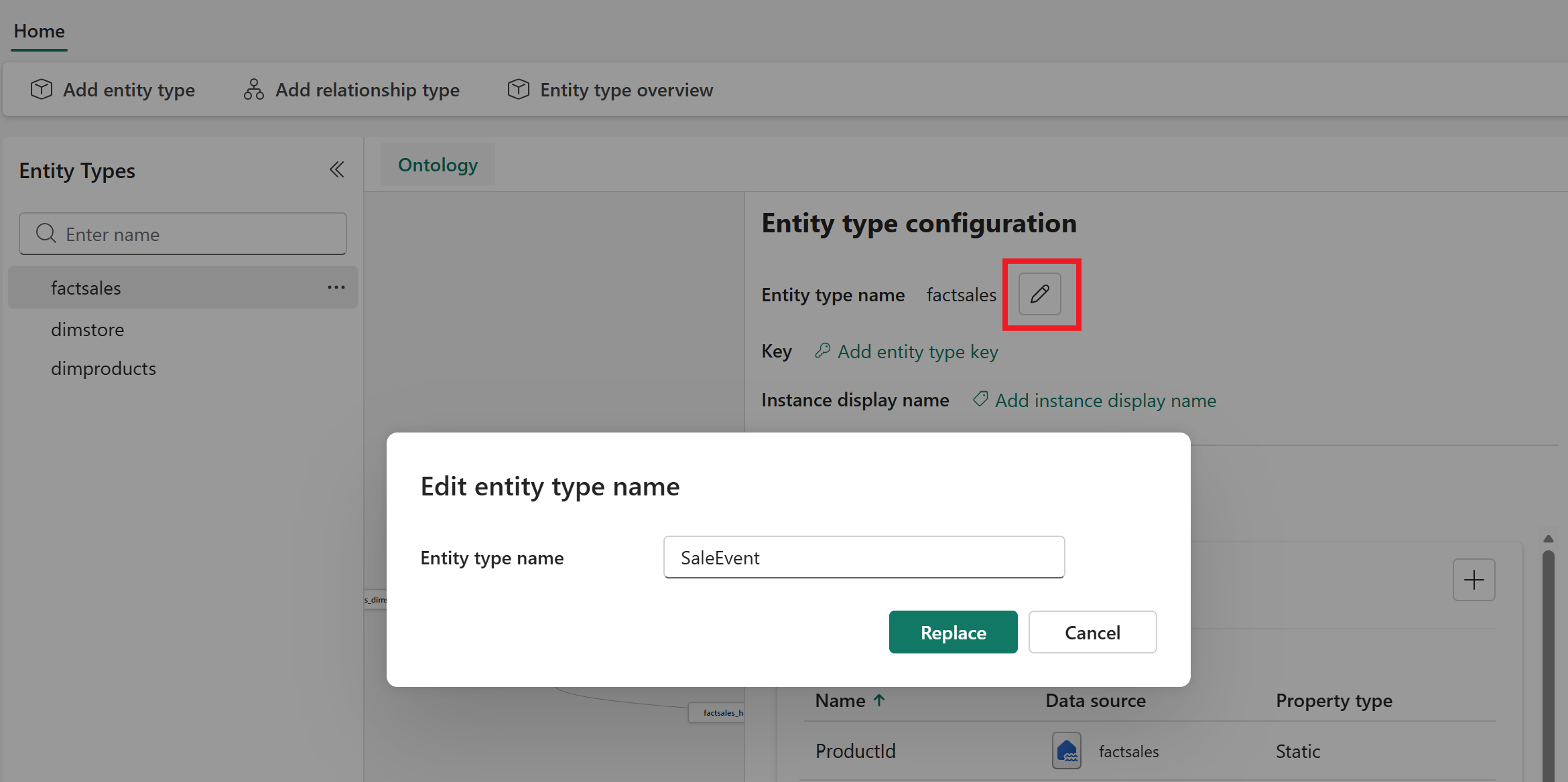 Screenshot of renaming an entity type.