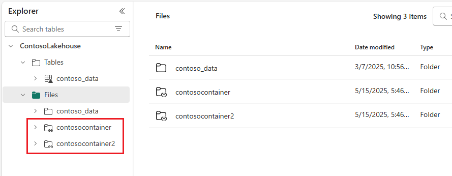 Screenshot showing the lakehouse explorer view with a list of folders that display the shortcut symbol.