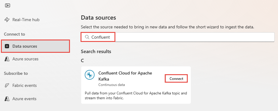 Screenshot that shows the selection of Confluent as the source type in the Add source wizard.