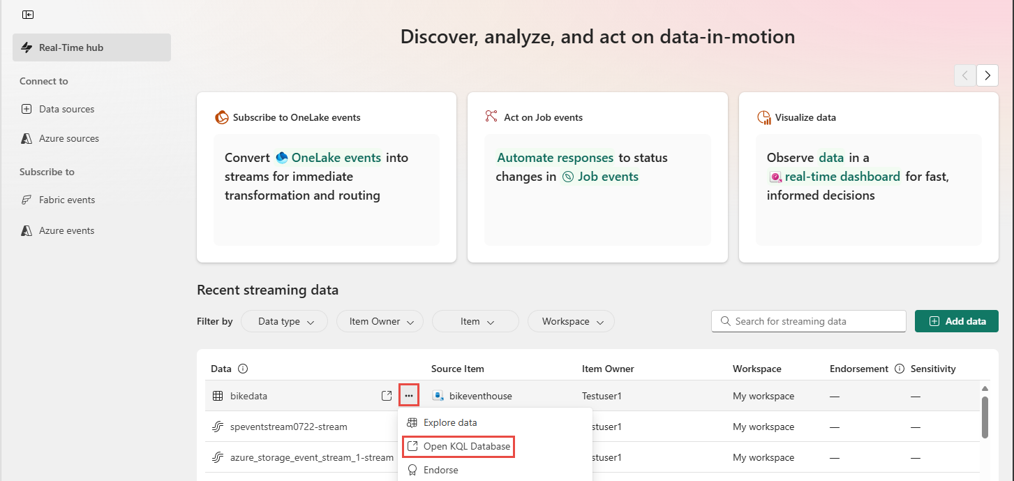Screenshot that shows the Open KQL Database links for a stream of type Table.