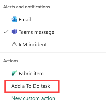 Screenshot of the Type dropdown showing the newly created action.