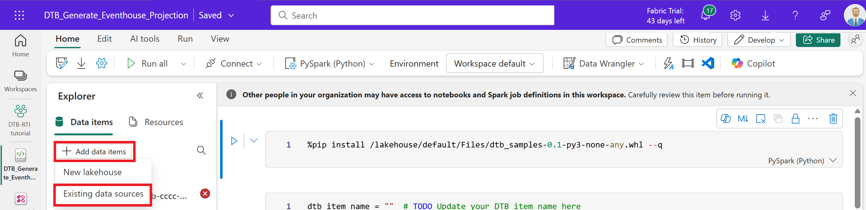 Screenshot of adding data items to the notebook.