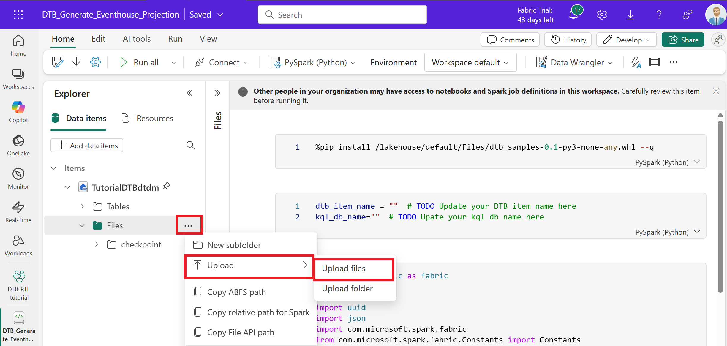Screenshot of uploading a file to the lakehouse through the notebook view.