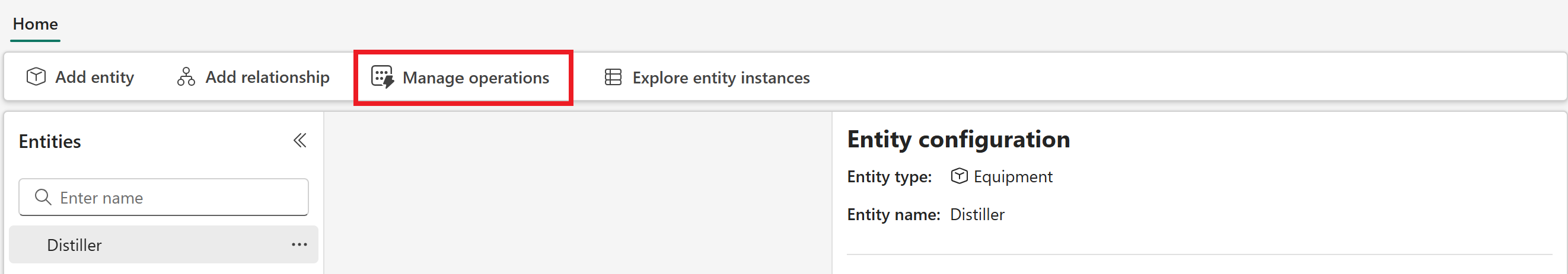 Screenshot of the Manage operations button from the distiller entity type.