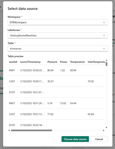 Screenshot of the time series data source.