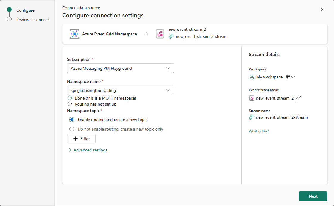 Screenshot that shows configuration settings for an Azure Event Grid namespace when MQTT is enabled but routing isn't enabled.