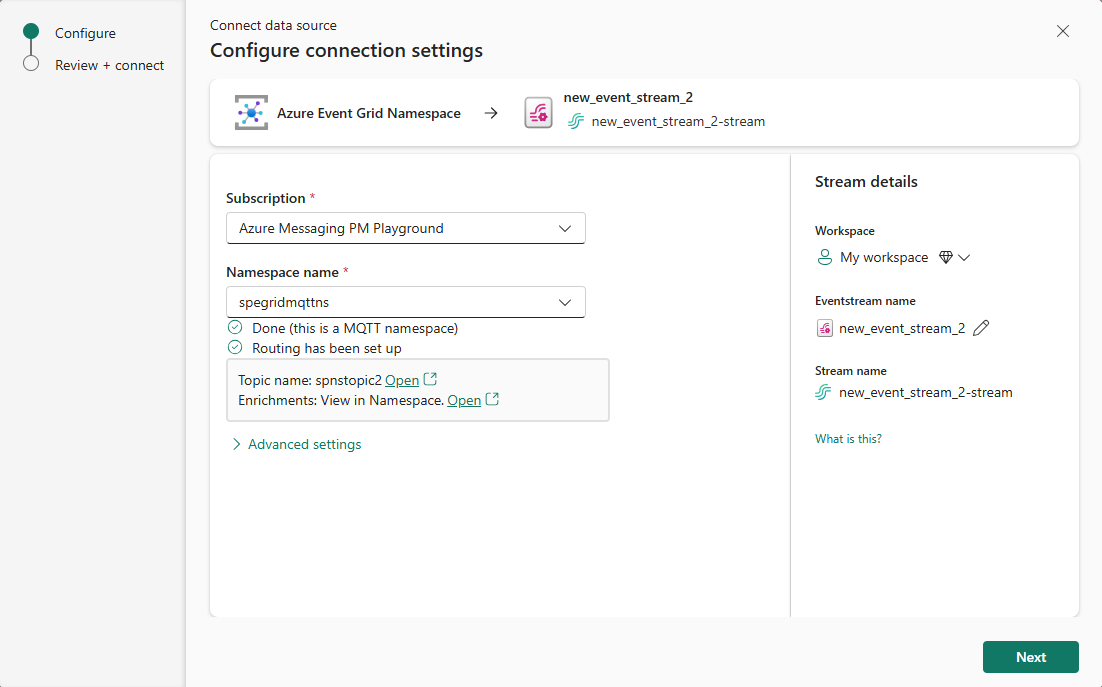 Screenshot that shows configuration settings for an Event Grid namespace when MQTT and routing are enabled.