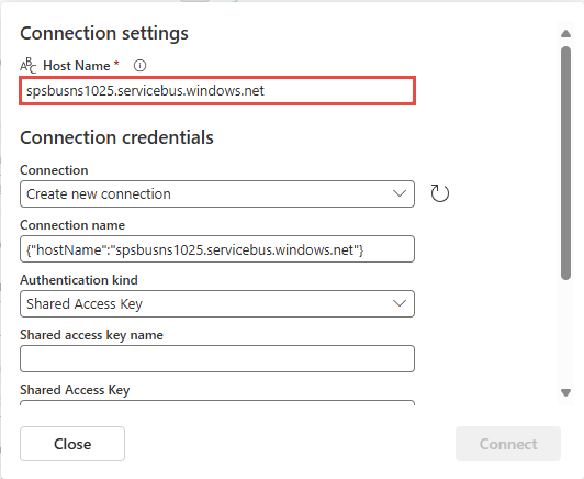 Screenshot that shows connection settings with a Service Bus namespace specified.